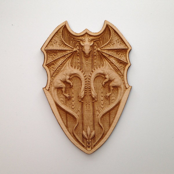 Wooden Dragon Shield, Laser Cut and Engraved Wood, Custom Wood Cutouts, Home Decor, Fantasy Decor, Decorative Woodcraft