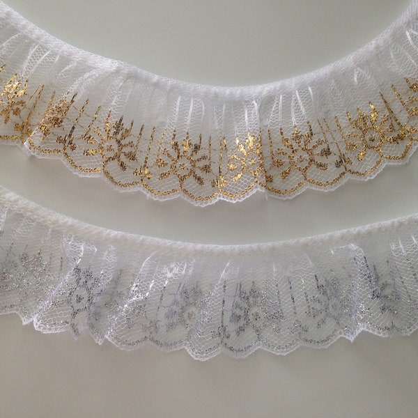 Metallic Ruffled Lace Trim, White and Gold, White and Silver, 2" Wide, Bridal Accessories, Christmas Crafts, Doll Clothes, Costumes, 2 YARDS