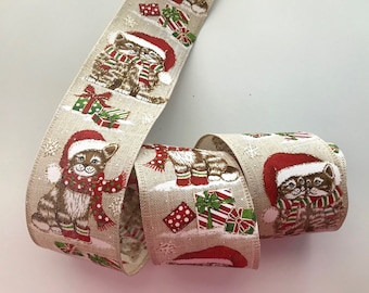 Christmas Ribbon, Cats Kittens Gifts, 2 1/2" Wide, Wired Ribbon for Wreaths, Bows, Pet Holiday Home Decor, 3 YARDS