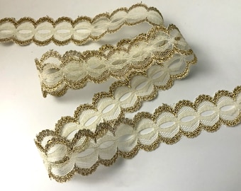 Ivory and Gold Beading Lace Trim for Christmas Crafts, Costumes, Invitations, Scrapbooking, Journals, Bows, Doll Clothes, 10 YARDS