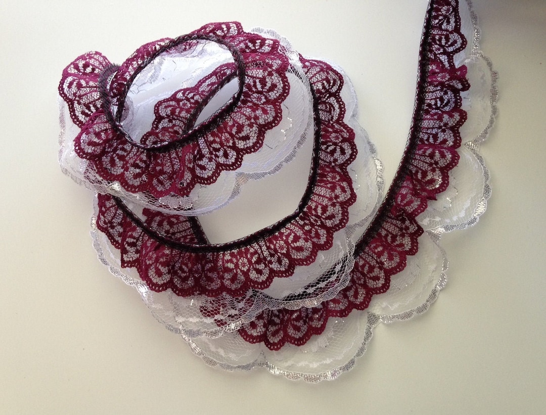 Scallop Ruffle Edge Double Ruffled Scalloped Edge Lace Trim, Wine and Silver, 2 Tier Lace ...