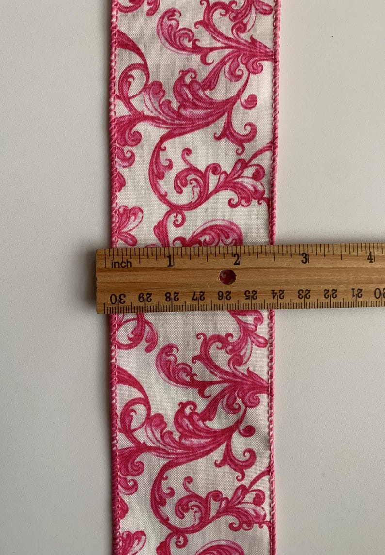 Pink Swirl Ribbons White With Hot Pink Chinoiserie Swirls Ribbon, 2 1/2