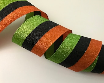 Halloween Ribbon, Black Orange Green Metallic Stripes, 2 1/2" Wide, Wired Edge Ribbon for Wreaths, Bows, Halloween Decorations, 5 YARDS