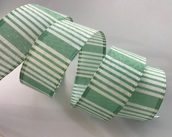 Seafoam Green and Cream Stripes Ribbon, 1 1/2" Wide, Wired Edge Ribbon for Wreaths, Bows, Gift Baskets, Home Decor, 5 YARDS