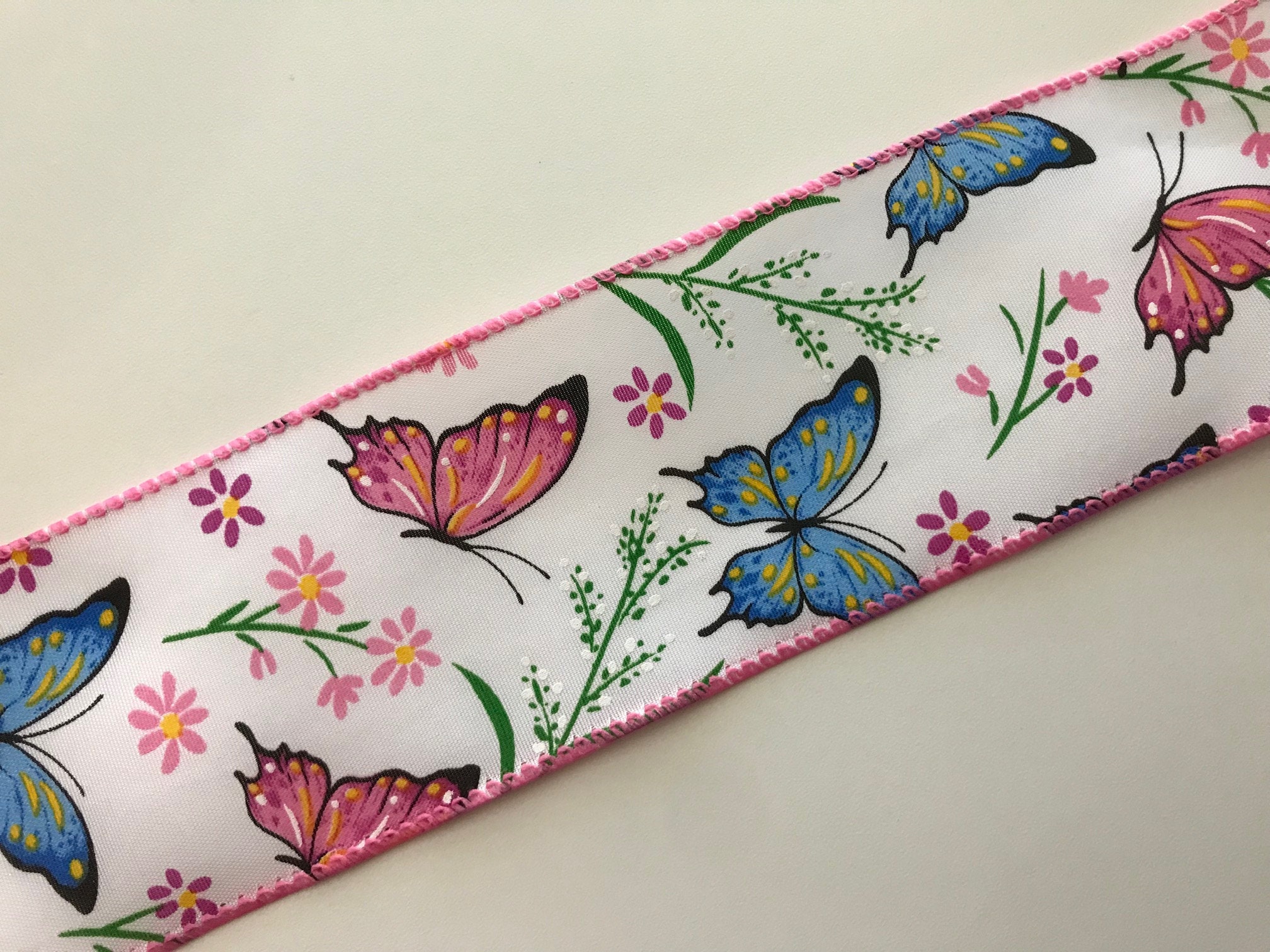 Pink and Blue Butterflies Ribbon, 2 1/2