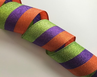 Halloween Ribbon, Green Purple Orange Metallic Stripes, 2 1/2" Wide, Wired Edge Ribbon for Wreaths, Bows, Halloween Decorations, 5 YARDS