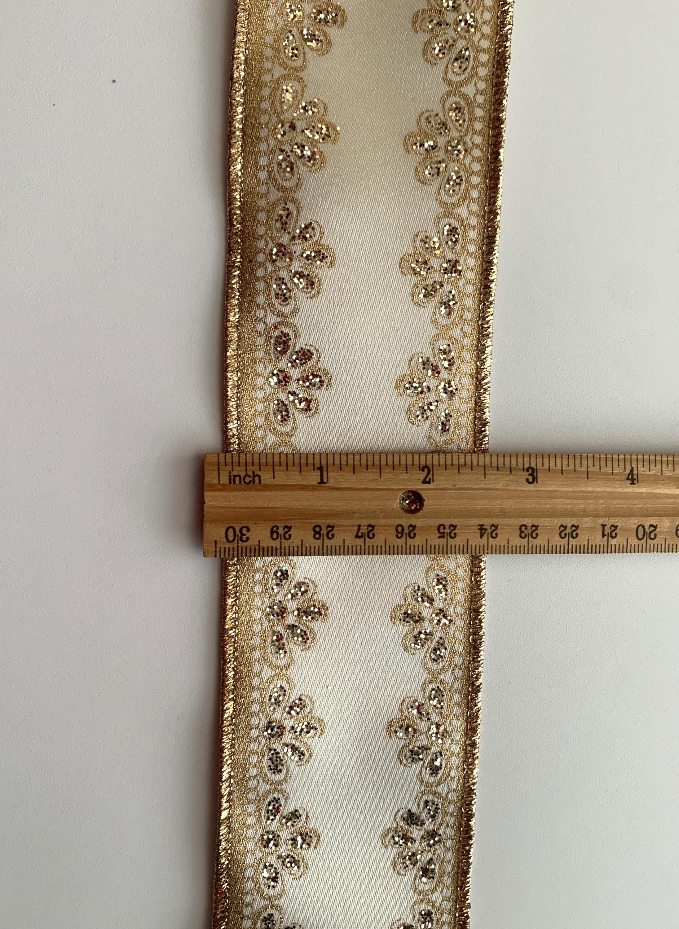 Christmas Ribbon, Ivory With Gold Sparkle, 2 1/2