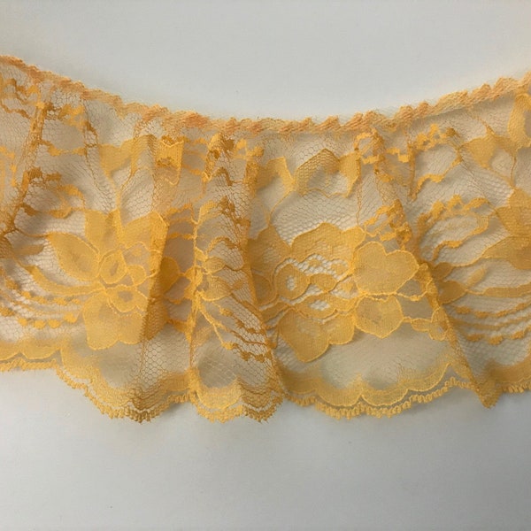 Amber Yellow Ruffled Lace Trim, 4" Wide, Scalloped Edge Lace Trim for Apparel, Costumes, Doll Clothes, Journals, Sewing & Crafting, 3 YARDS