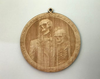 Skull Couple Wood Ornament, Day of the Dead, Dia de los Muertos, Calavera, Laser Cut and Engraved Wood, Gothic Wedding