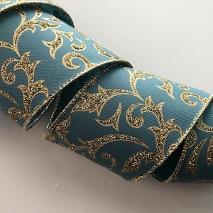 Christmas Ribbon, Smoke Blue with Gold Sparkle, 2 1/2&quot; Wide, Wired Edge Ribbon for Bows, Wreaths, Gift Baskets, Holiday Home Decor, 3 YARDS