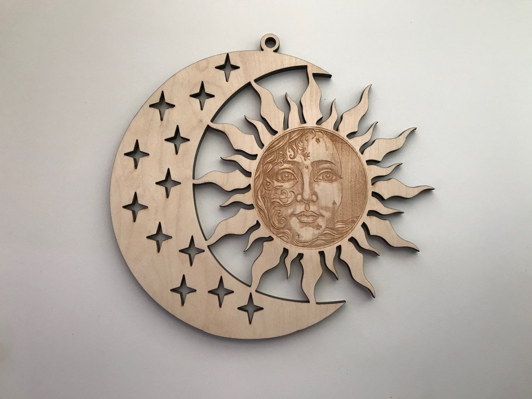 Sun and Moon Face Wood Ornament, Laser Cut and Engraved Wood, Celestial ...
