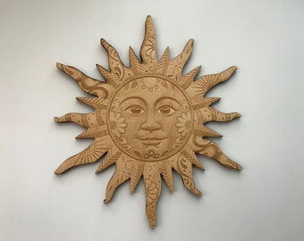 Whimsical Sun Face Wood Plaque, Laser Cut and Engraved Wood, Celestial Wall Art, Home Decor, Sun Wall Art, Decorative Woodcraft