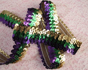 Metallic Stretch Sequin Trim, 3 Row, 1 1/4" Wide, Purple Green and Gold, Mardi Gras, Garters, Costumes, Burlesque, Headband