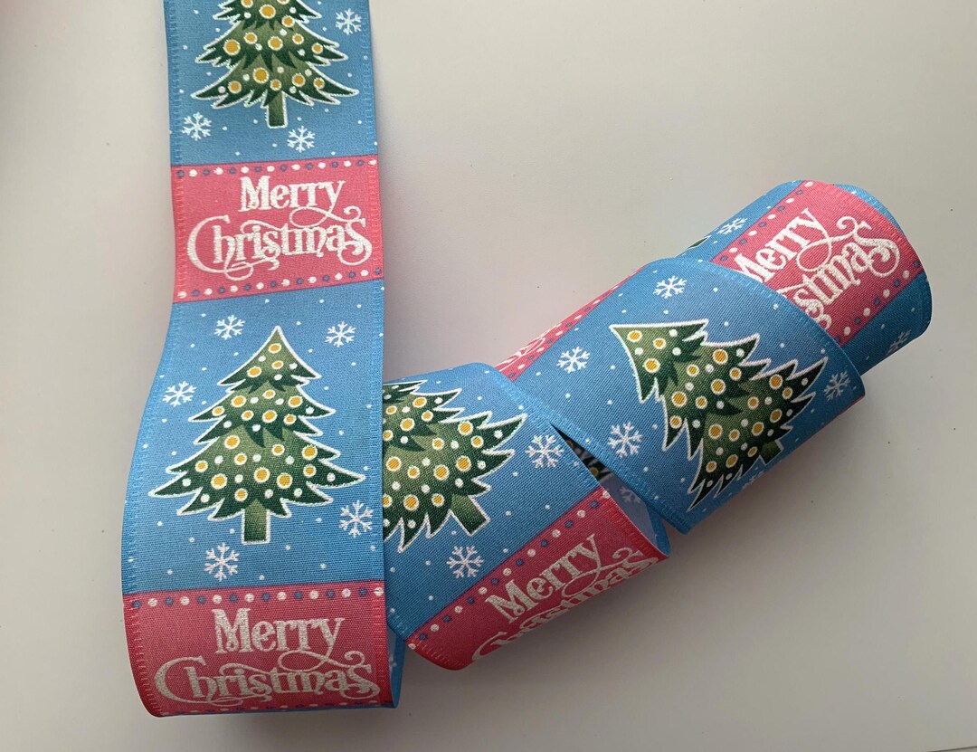 Blue Ribbon Block Merry Christmas Ribbon, Pink & Blue Blocks With Christmas Trees and ...