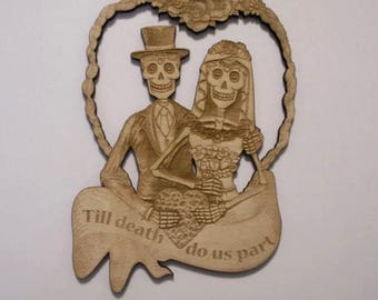 Bride and Groom Sugar Skull Couple, Day of the Dead, Dia de los Muertos, Calavera, Laser Cut and Engraved Wood, Gothic Wedding