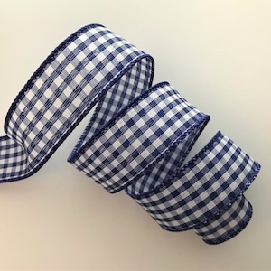 Navy and White Gingham Ribbon, 1 1/2&quot; Wide, Wired Edge Ribbon for Bows, Wreaths, Gift Baskets, Swags, Garlands, Home Decor, 5 YARDS