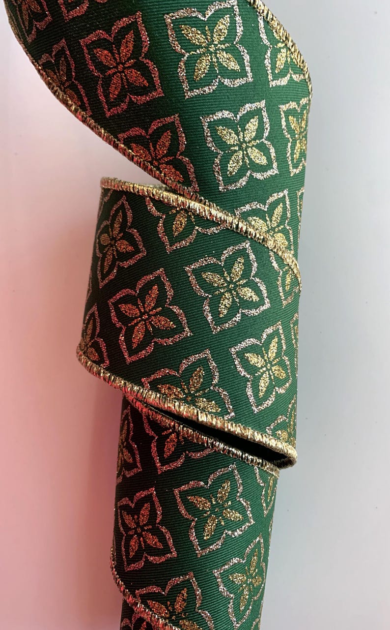 Christmas Ribbon, Hunter Green With Gold Sparkle, 2 1/2