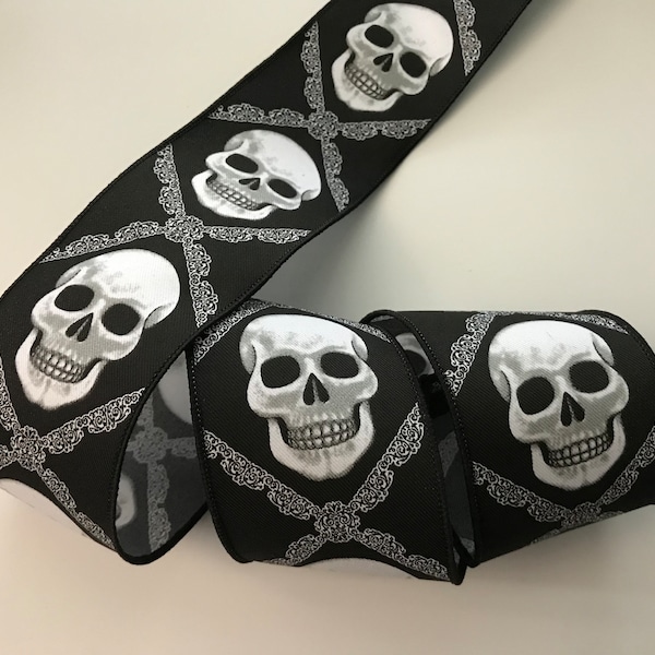 Black and White Skulls Ribbon, 2 1/2" Wide, Wired Edge Ribbon for Wreaths, Bows, Halloween, Day of the Dead, Dia de los Muertos, 3 YARDS