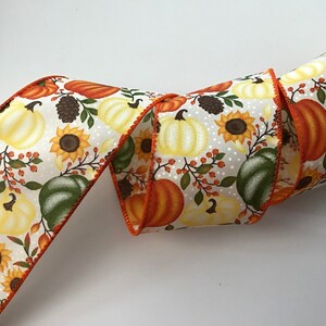 Pumpkins and Sunflowers Ribbon, 2 1/2" Wide, Wired Ribbon for Wreaths, Bows, Gift Baskets, Swags, Garlands, Fall Home Decor, 5 YARDS