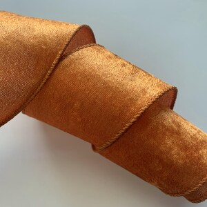 May include: A roll of orange velvet ribbon with a textured surface. The edges are trimmed with a thin, twisted brown cord. The ribbon is tightly rolled, showcasing its plush texture and color.