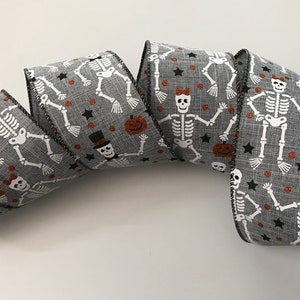 Skeleton Ribbon, Gray with Orange Sparkle, 2 1/2&quot; Wide, Wired Edge Ribbon for Wreaths, Bows, Home Decor, Halloween Decorations, 3 YARDS