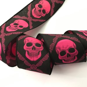 Black and Hot Pink Skulls Ribbon, 2 1/2&quot; Wide, Wired Edge Ribbon for Wreaths, Bows, Halloween, Day of the Dead, Dia de los Muertos, 3 YARDS
