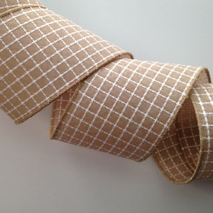Beige and White Embroidered Stitched Ribbon, 2 1/2" Wide, Wired Ribbon for Bows, Wreaths, Gift Baskets, Swags, Garlands, Home Decor, 5 YARDS