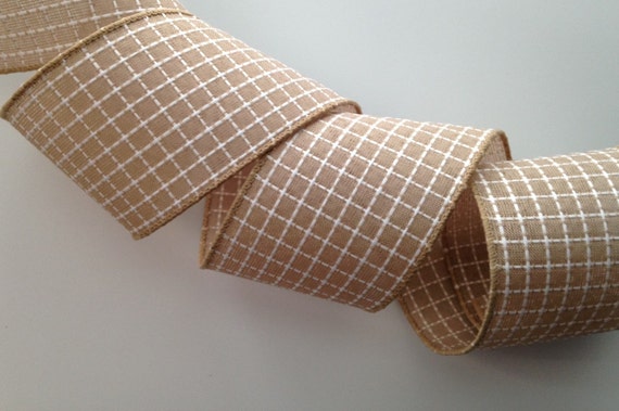 Beige and White Embroidered Stitched Ribbon, 2 1/2" Wide, Wired Ribbon for Bows, Wreaths, Gift Baskets, Swags, Garlands, Home Decor, 5 YARDS