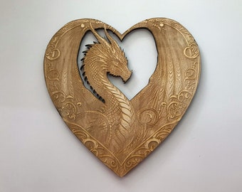 Wooden Dragon Heart, Laser Cut and Engraved Wood, Fantasy Wall Decor, Mythical Decor, Decorative Woodcraft