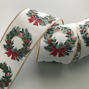 Christmas Ribbon, Wreath with Red Bow, 2 1/2&quot; Wide, Wired Ribbon for Wreaths, Bows, Gift Baskets, Swags, Holiday Home Decor, 5 YARDS