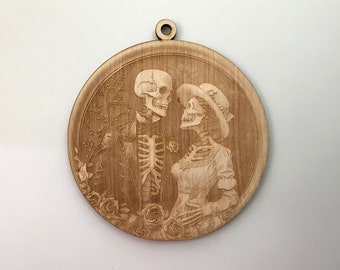 Skull Couple Wood Ornament, Day of the Dead, Dia de los Muertos, Calavera, Laser Cut and Engraved Wood, Gothic Wedding