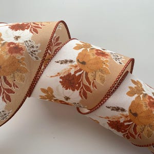 Pumpkins and Flowers Ribbon, 2 1/2" Wide, Wired Ribbon for Wreaths, Bows, Gift Baskets, Swags, Garlands, Home Decor, 5 YARDS