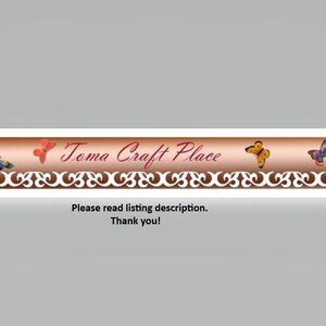 May include: A banner with the text "Toma Craft Place" in a red cursive font. The banner is decorated with a brown and white border and four butterflies. Two butterflies are red, one is yellow, and one is blue.