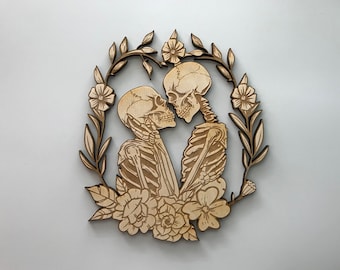 Skeleton Couple with Flowers, Laser Cut and Engraved Wood, Gothic Wedding Gift, Cake Topper, Wood Ornaments, Decorative Woodcraft