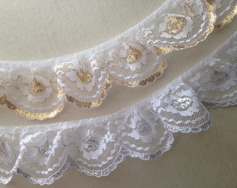 Scalloped Ruffled Lace Trim, White and Gold, White & Silver, 2" Wide, Bridal Accessories, Doll Clothes, Costumes, Christmas Crafts, 2 YARDS