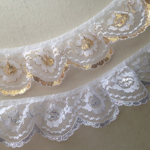 Scalloped Ruffled Lace Trim, White and Gold, White & Silver, 2" Wide, Bridal Accessories, Doll Clothes, Costumes, Christmas Crafts, 2 YARDS