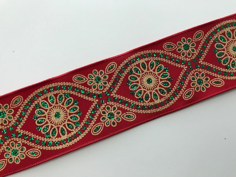 Red And Gold Patterned Ribbon Christmas Ribbon, Red and Metallic Gold & Green, 2 1/2
