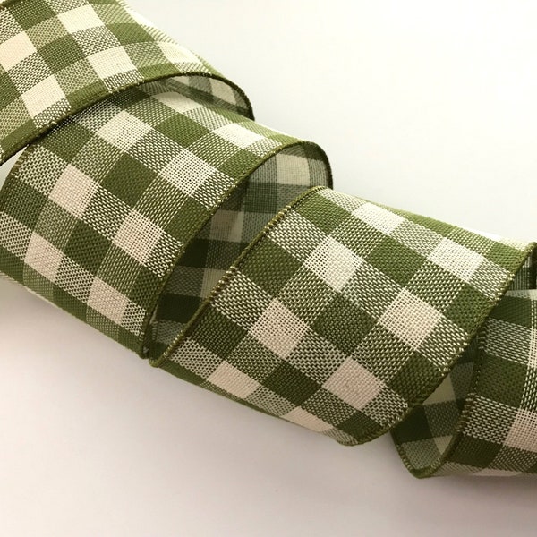 Plaid Check Ribbon, Moss Green and Ivory, 2 1/2" Wide, Wired Ribbon for Bows, Wreaths, Gift Baskets, Swags, Garlands, Home Decor, 5 YARDS