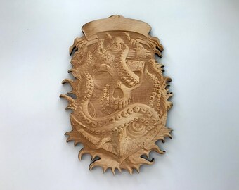 Skull on Anchor with Octopus, Laser Cut and Engraved Wood, Decorative Woodcraft, Sea Life Nautical Ocean Decor
