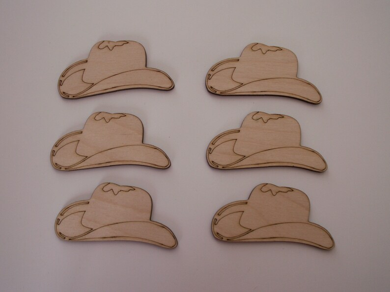 Cowboy Hat Wood Shapes Ready to Paint Woodcraft Tags Ornaments 6 PIECES Scrapbooking Favors Wood Cutouts Magnets