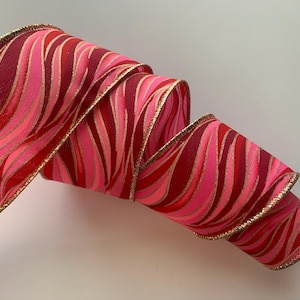Wavy Stripes Ribbon, Red Pink Gold, 2 1/2&quot; Wide, Wired Edge Ribbon for Wreaths, Bows, Gift Baskets, Home Decor, Christmas Ribbon, 3 YARDS