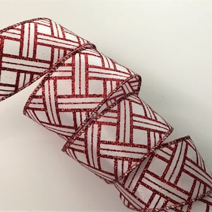 Christmas Ribbon, White & Metallic Red, 1 1/2&quot; Wide, Wired Edge Ribbon for Wreaths, Bows, Gift Baskets, Swags, Holiday Home Decor, 5 YARDS