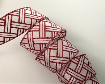 Christmas Ribbon, White and Metallic Red, 1 1/2" Wide, Wired Ribbon for Wreaths, Bows, Gift Baskets, Holiday Decorations, 5 YARDS