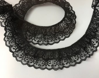 Black Double Ruffled Lace Trim, Candlewick 2 Tier Lace, Apparel, Doll Clothes, Decorative Lace Trim, 2 YARDS