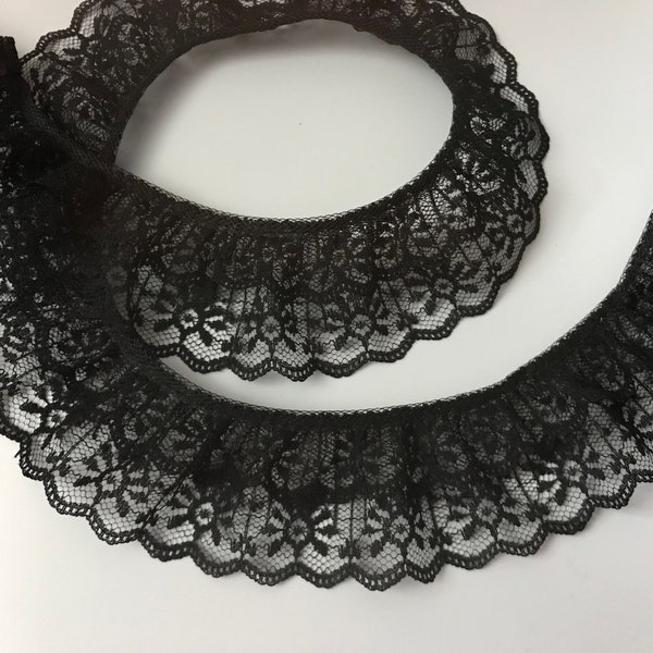 Black Double Ruffled Lace Trim, Candlewick 2 Tier Lace, Apparel, Doll Clothes, Decorative Lace Trim, 2 YARDS