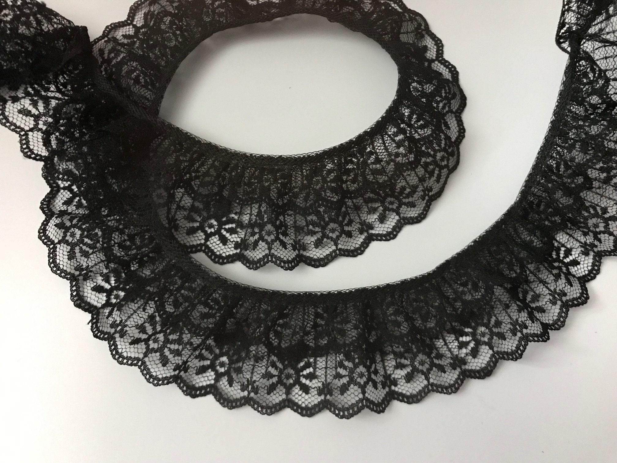 Black Double Ruffled Lace Trim, Candlewick 2 Tier Lace, Apparel