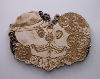 Sugar Skull Couple, Day of the Dead, Calavera, Dia de los Muertos, Gothic, Laser Cut and Engraved Wood, Decorative Woodcraft
