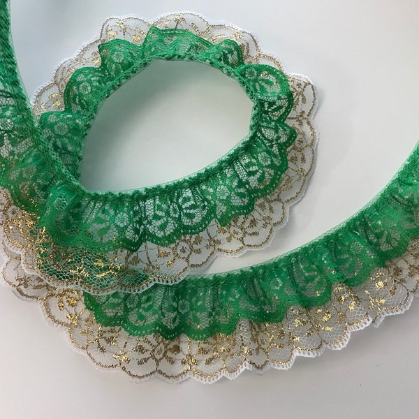 Double Ruffled Lace Trim, Emerald Green & Gold, 2 YARDS, Candlewick 2 Tier Lace, Christmas Crafts, Doll Clothes, Sewing and Crafting Lace