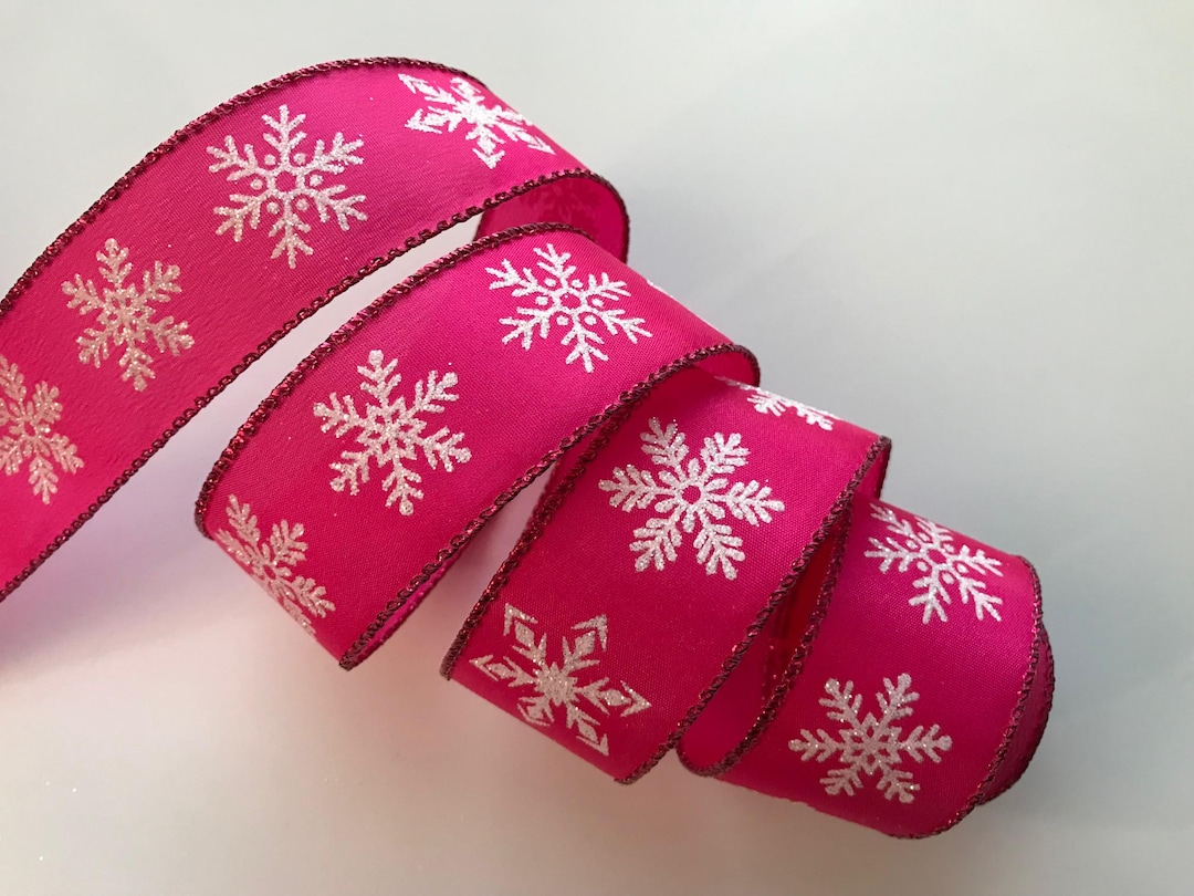 Pink Ribbon Xmas Christmas Ribbon, Hot Pink With White Sparkle Snowflakes, 1 1/2