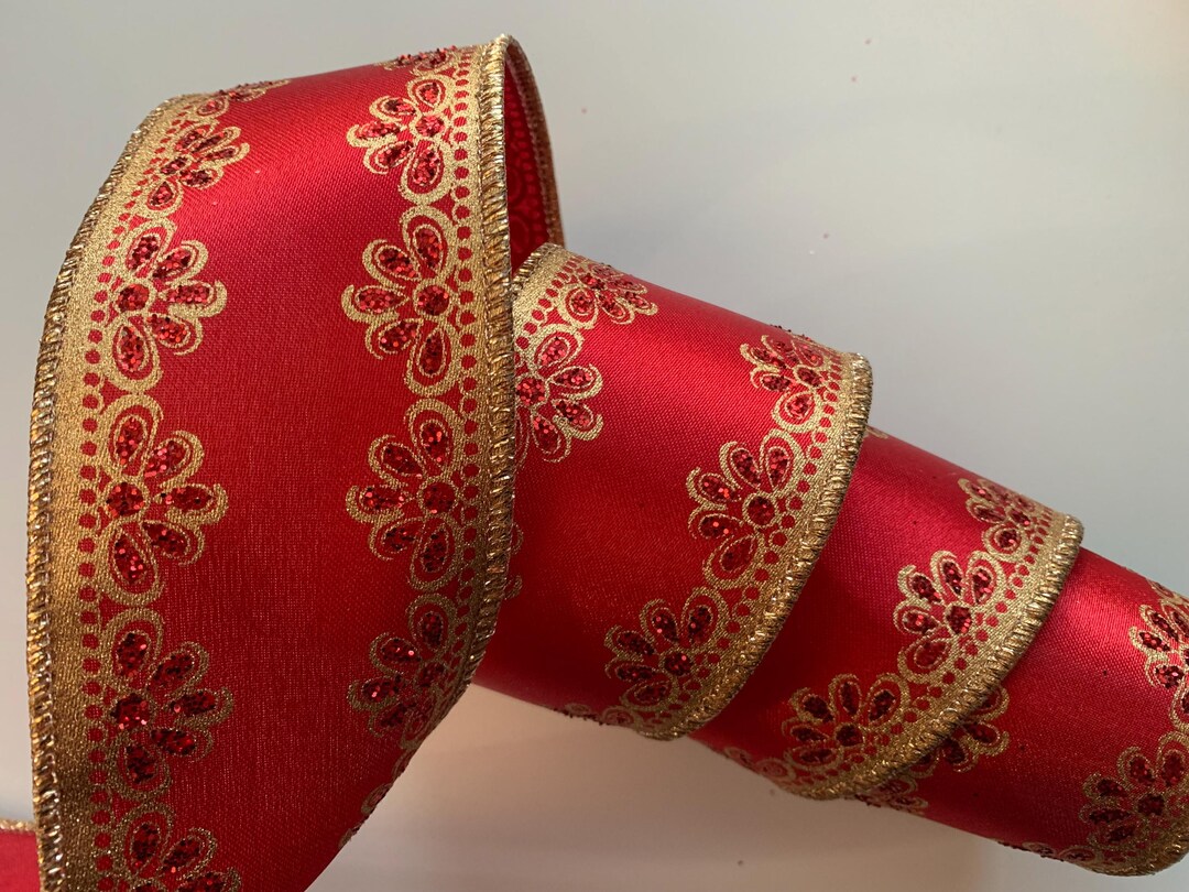 Red And Gold Patterned Ribbon Christmas Ribbon, Red With Red and Gold Sparkle, 2 1/2